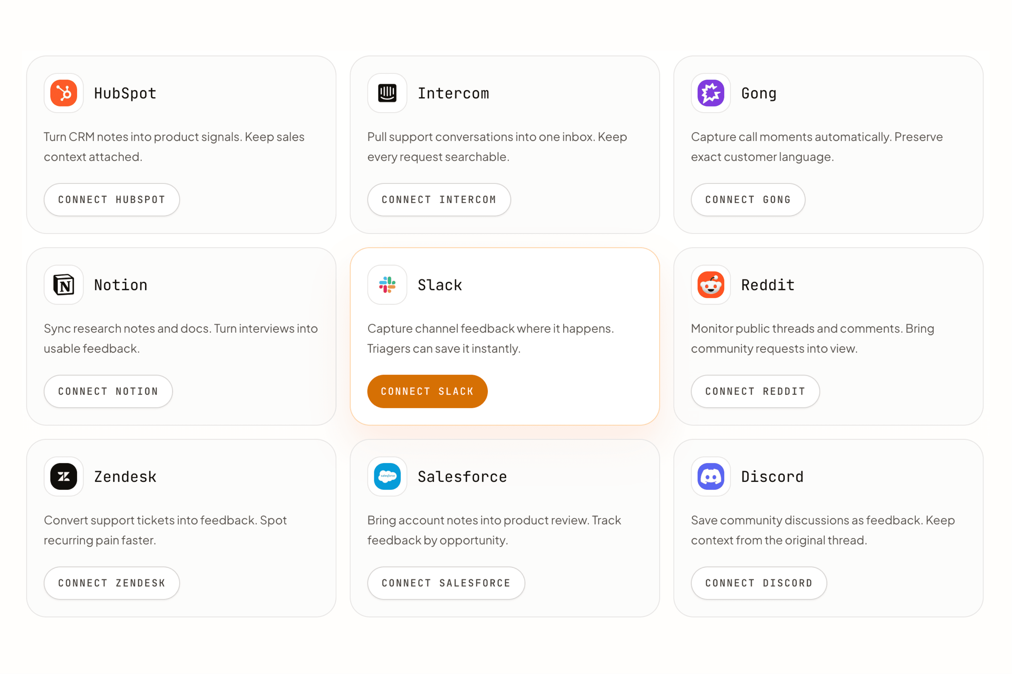 Landed integrations connection screen